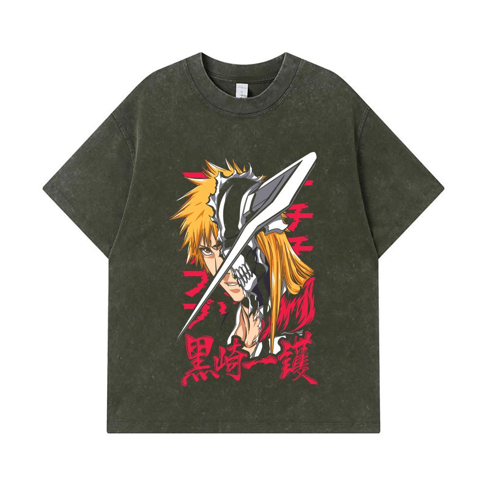 

275 GSM Washed T-shirts 100% Cotton Bleach V4 Ichigo Print Unisex Heavy Cotton T Shirt S армия зеленый