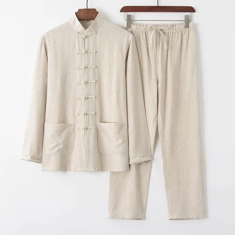 Men's Cotton Linen Tang Suit - Long-Sleeve Retro Chinese Buttoned Attire for Middle-Aged & Elderly, Loose Tai Chi Style