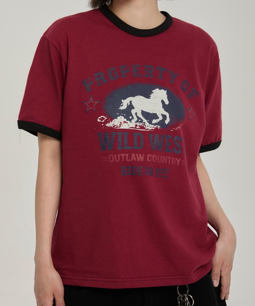 Awosijeu Wild West Ringer T-Shirt - Burgundy
