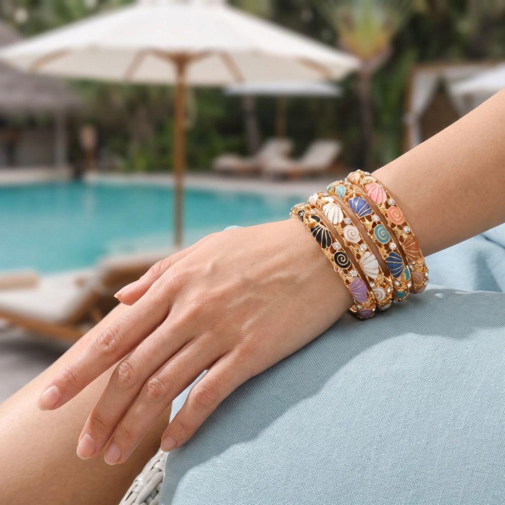 Metal Starfish Shell Bangle Geometric Women's Hand Bracelet Vintage Cloisonne Bangle Gold Jewelry