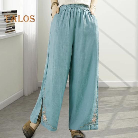 

Женские хлопковые брюки с высокой талией и карманами с эластичной резинкой на талии, повседневные свободные покроя, широкие женские летние брюки с вышивкой для отпуска, работы, школы