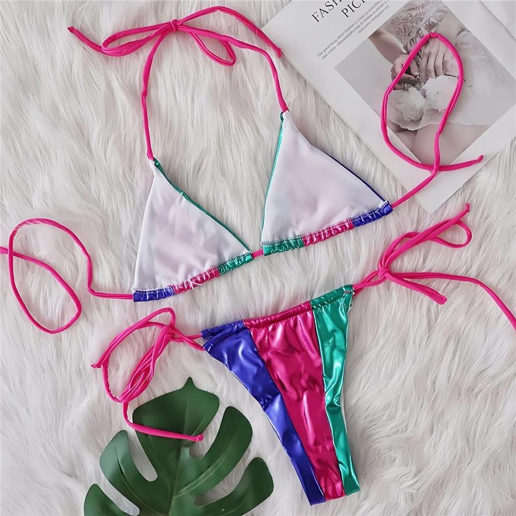 Splicing Halter High Leg Cut Strappy Two-Pieces Bikini Set Bikini Female Swimsuit Bathing Suit Women Swimwear Bather Swim