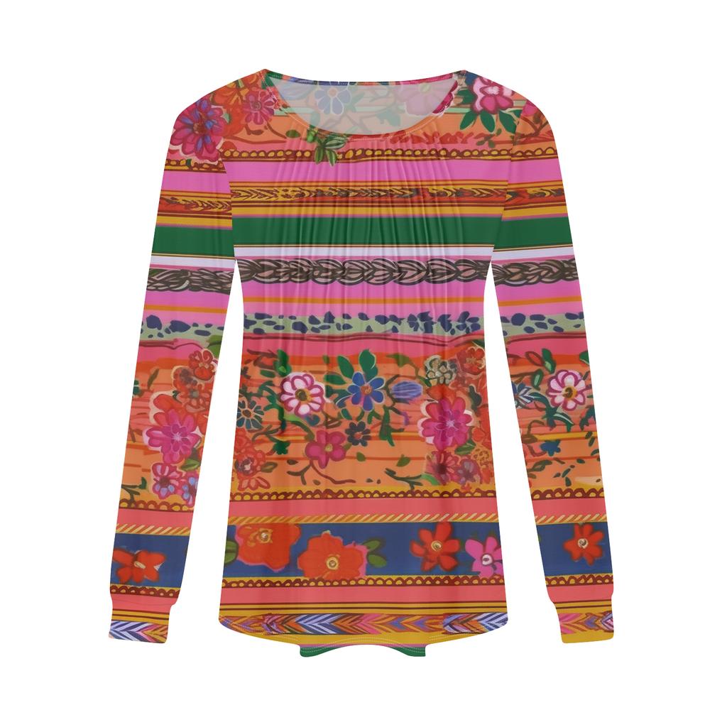 Damenmode Lässig Plissiert Rundhals Vintage Blumendruck Langarm T-Shirt Top