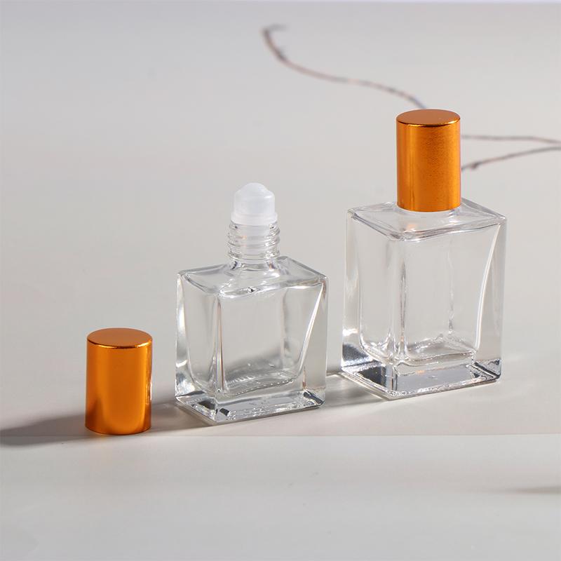 8/10/15Ml Empty Clear Square Glass Essential Oil Bottle Steel Roller Gold Lid Massage Perfume Roll On Sample Vials