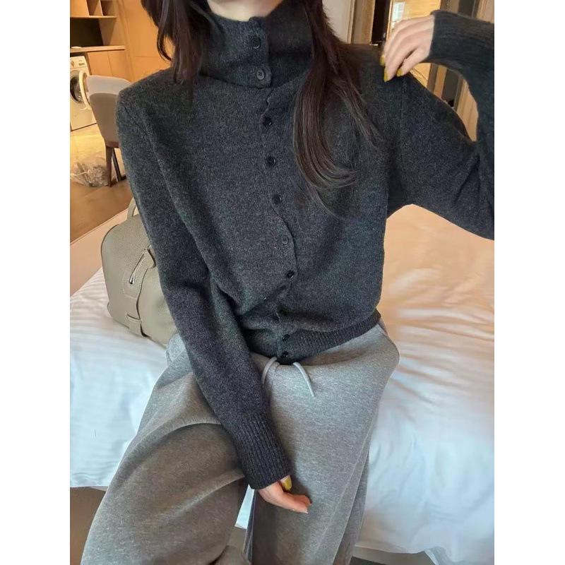 Women's High-Neck Wool Cardigan - Korean Style Single-Breasted Knit for Autumn/Winter