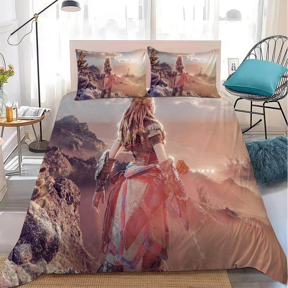 Superbe Ensemble de Housse de Couette et Taie d'Oreiller H-Horizon Forbidden West Literie Décoration de Chambre Taille Double Cadeau d'Anniversaire pour Jeune Enfant Garçon 150x200cm (3pcs)