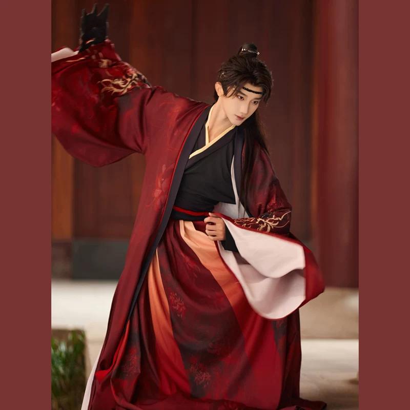 Herren Hanfu-Set im Wei-Jin-Stil, Schwarz & Rot mit Spinnenlilien-Print, Schwertkämpfer-Kostüm für den täglichen Gebrauch & Cosplay