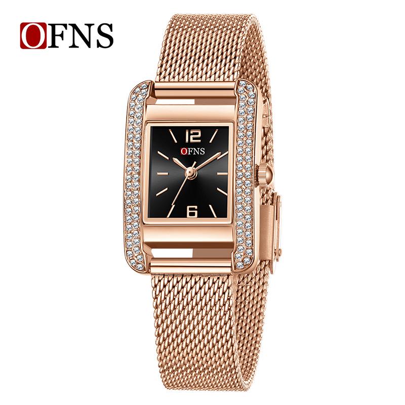 OFNS Elegant Women's Square Dial Watch: Simple Niche Bar Markers, Waterproof, Luxury Diamond Inlaid Quartz.