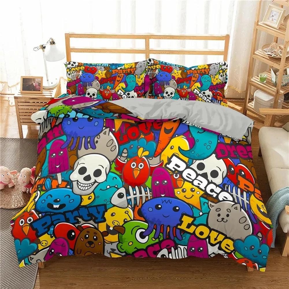 3D Baskılı Karikatür Graffiti Nevresim Takımı Yumuşak Yorgan Kılıfı 1/2 Adet Yastık Kılıfı ile Çocuklar Yetişkinler İçin Mikrofiber Yorgan Kılıfı