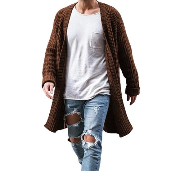 Men Sweater Cardigan Solid Color Long Sleeve Cold Proof Knitwear Autumn Winter Loose Mid Length Sweater Coat Streetwear