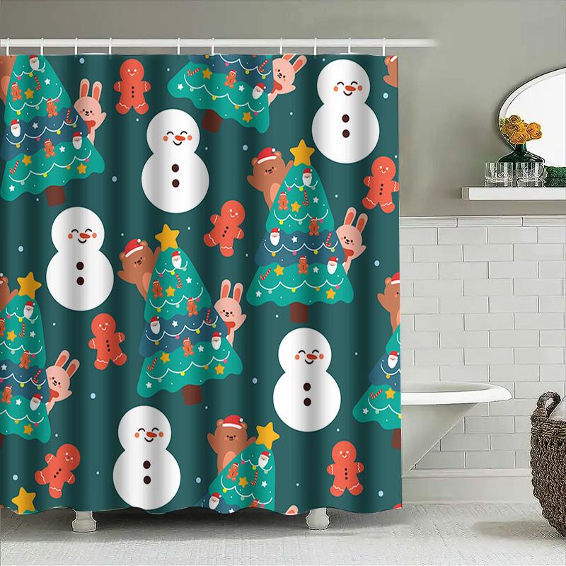 Xmas Shower Curtain Waterproof Fabric Christmas Tree Cartoon Santa Claus Snowman Bunny Rabbit Cute Print Bathroom Decor