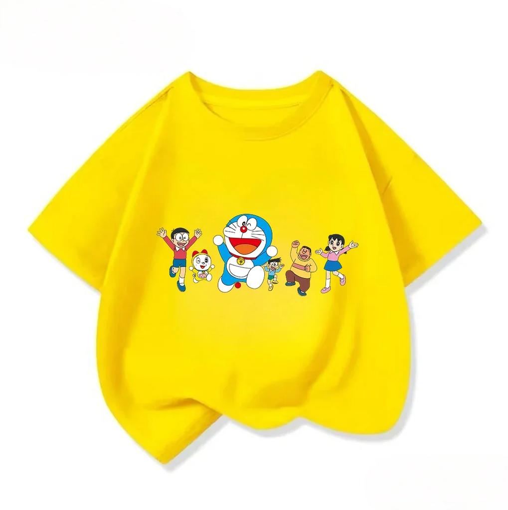 Summer Boys Girls Short Sleeve Tee Kawaii Cartoon Print Cute Street Fashion Wear Doraemon Kids Outfit 314Y