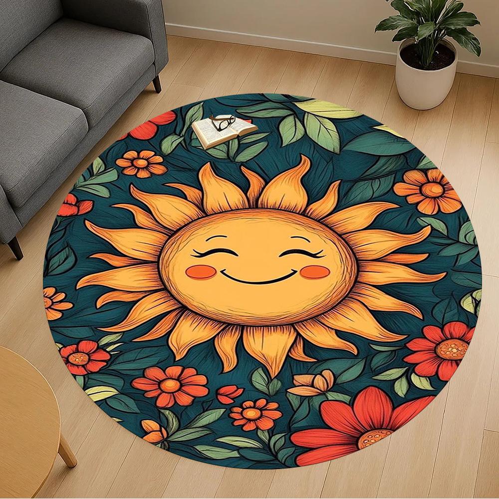 1PC Sunflower Floral Happy Round Chair Mat Area Rug - Non-Slip, Floor Mat for Office, Bedroom, Home Decor Christmas Gift C0528076