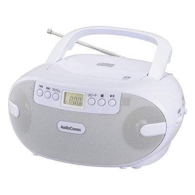 OHM Electric AudioComm CD Radio, Compact Stereo, Portable CD Player, Outlet, Battery-Operated, White, for English Conversation, Language Learning, EIK