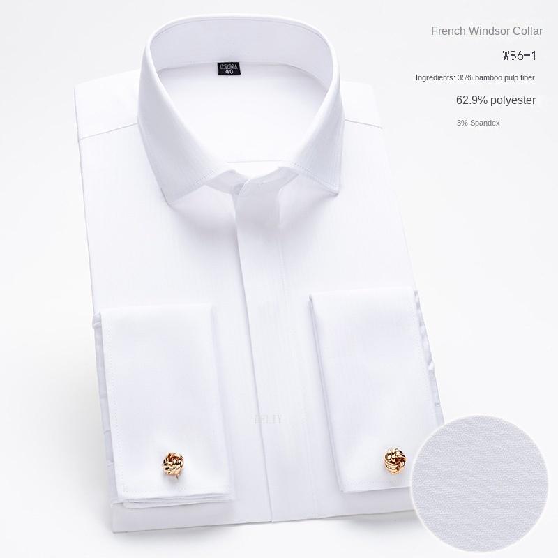 

Мужская рубашка с длинным рукавом 2025 года Мужская высококлассная нишевая шикарная рубашка с двойным отворотом рукава, воротником Виндзор, в стиле ретро, для делового дресс-кода, с французскими манжетами 38