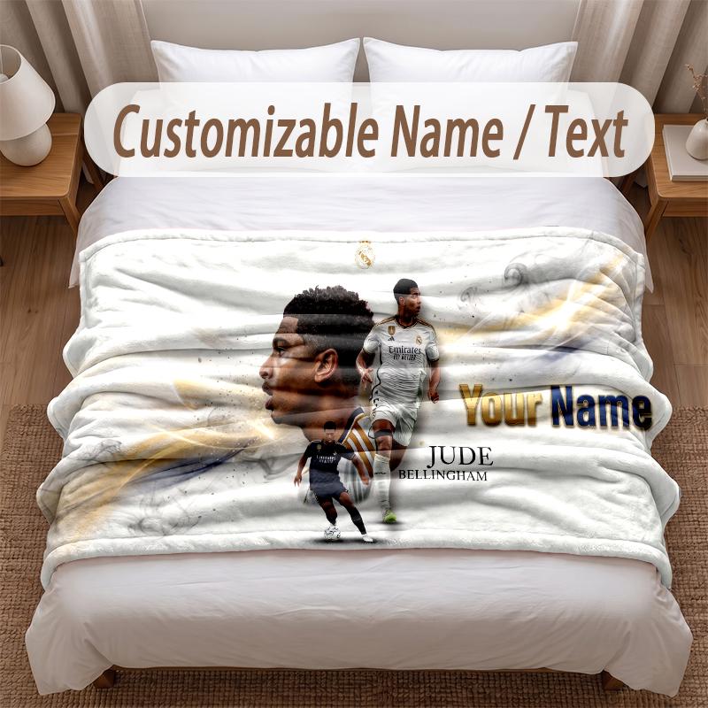 Jude Bellingham Printed Flannel Blanket Custom Name Text Soft Warm Throw For Bedroom Holiday Gift