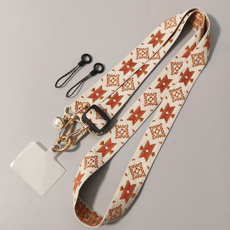 Mobile phone lanyard Long crossbody with shoulder back Ethnic style pearl pendant Retro pattern Adjustable neck wide cloth belt