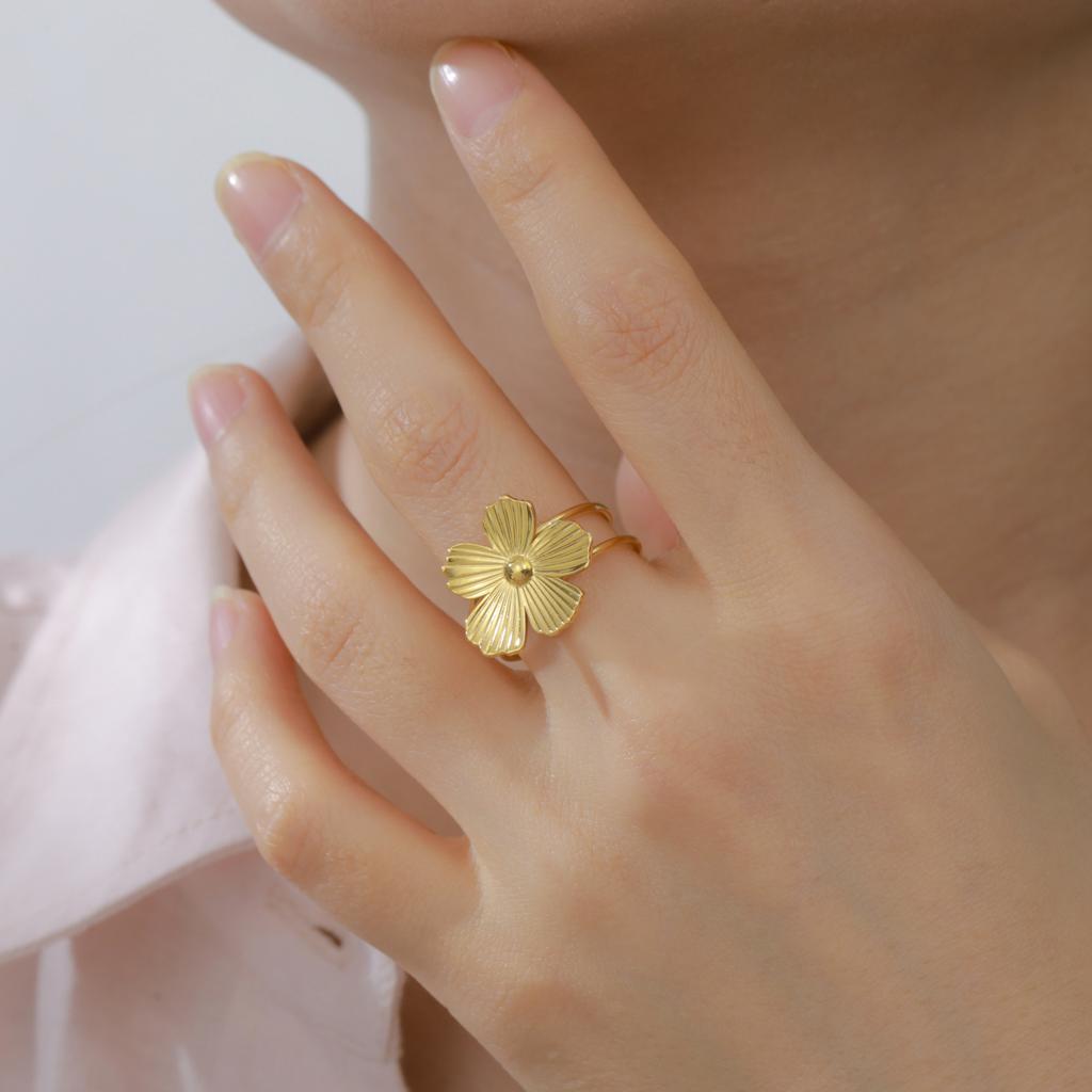 Adjustable Gold Plated Flower Rings for Women Stainless Steel Finger Rings 2026 Trendy Jewelry Anniversary Party Gifts New