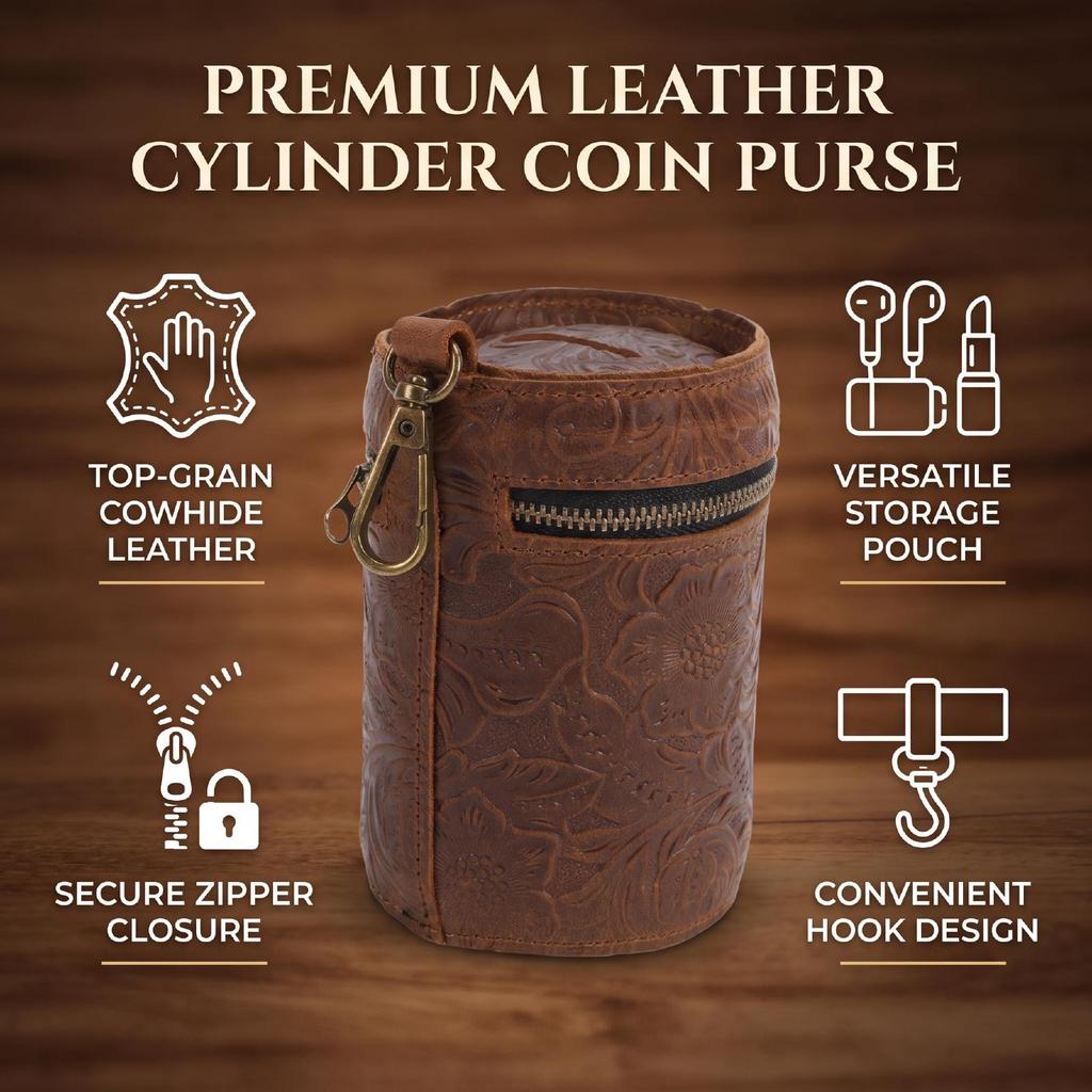 Bank Bucket Retro Carved Pattern Cylinder Portable Leather Zippered Bank