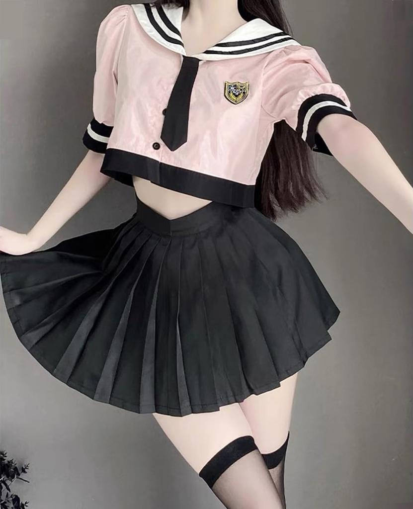 Sailor Sexy Navel JK Short High School Naughty Top and Bottom 4 Piece One Size [YAISHN] Uniform, Cosplay, Pink, Black, Baring, Exposure, Extreme,