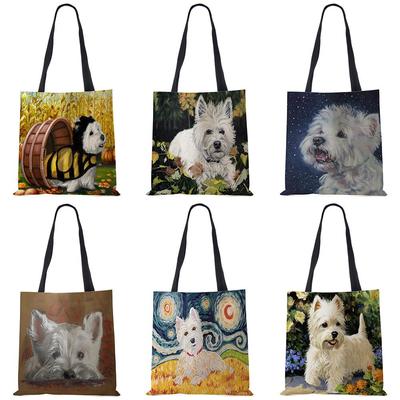 Benzersiz Tasarım Westie Köpek Boyama Kare Çanta Kadınlar için Omuz Çantaları Büyük Kapasiteli Eko Keten Kılıf