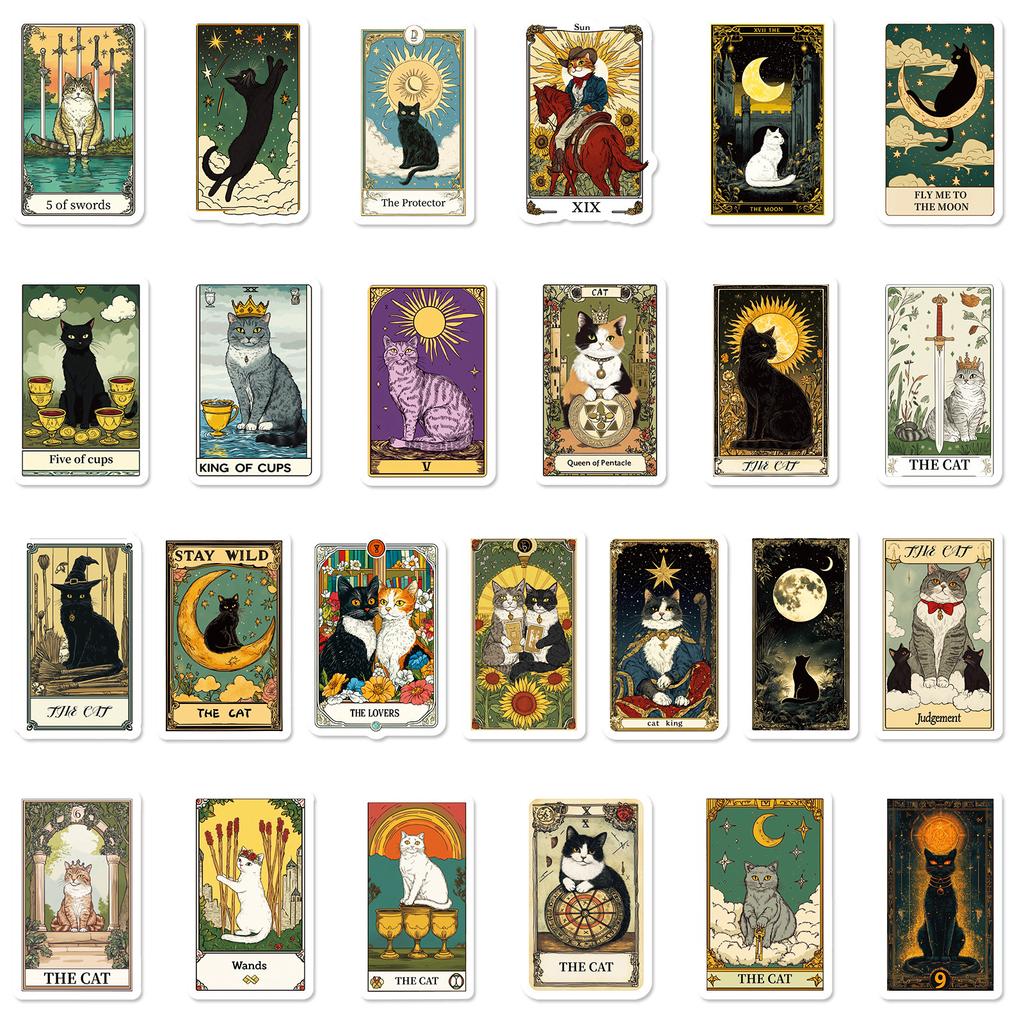 50 New Tarot Card Graffiti Cat Series Various Retro Style Decorative Waterproof Stickers
