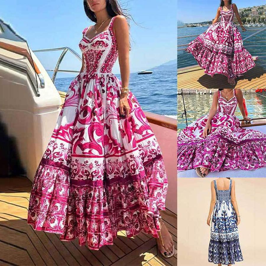 Frühling Neu Damen Bohemian Elegant Midi/Maxi Bedrucktes Trägerkleid