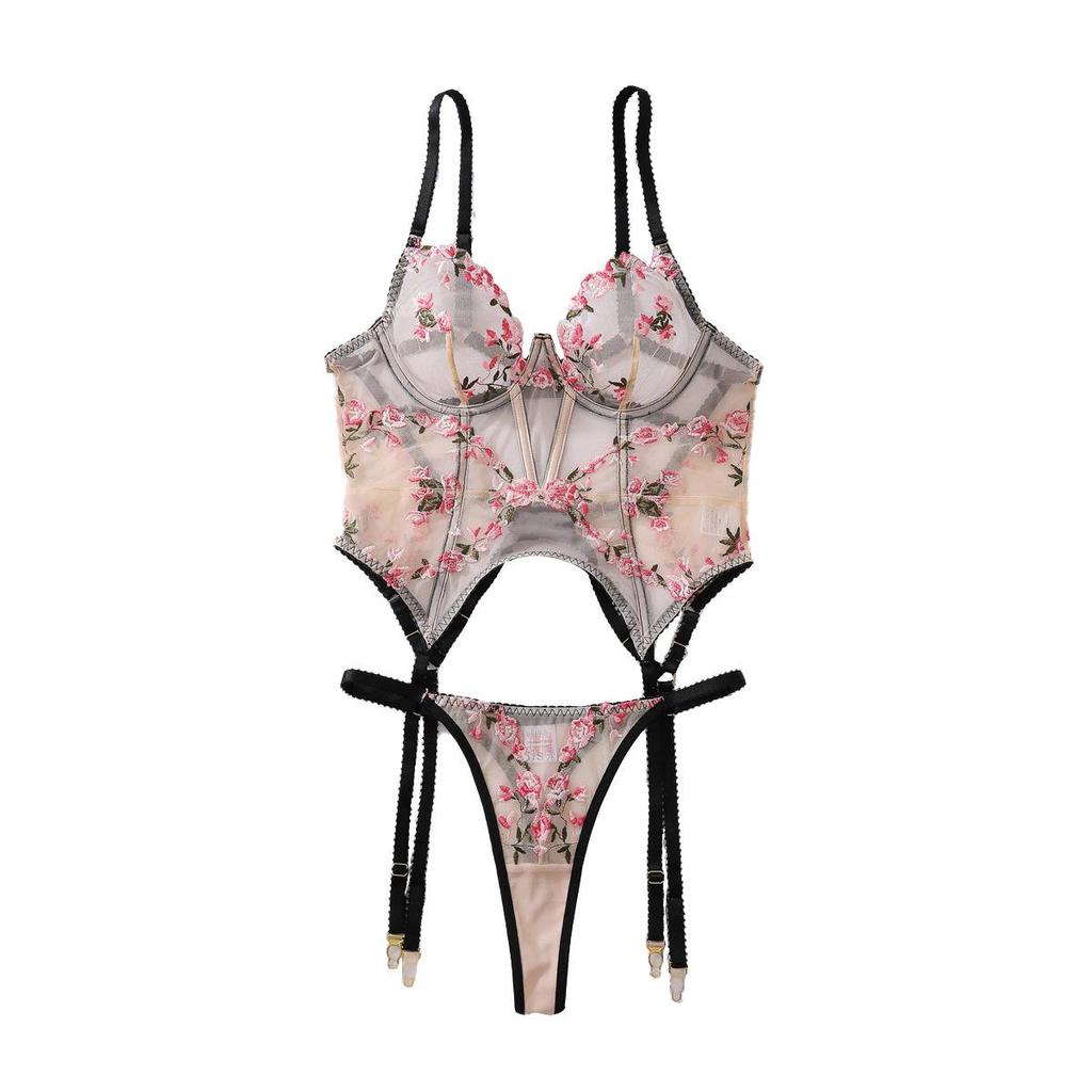 Women's Sexy Shapewear Set Floral Embroidery Mesh Spliced Lingerie Set Fashion Push-Up Waist Cincher Lingerie Set