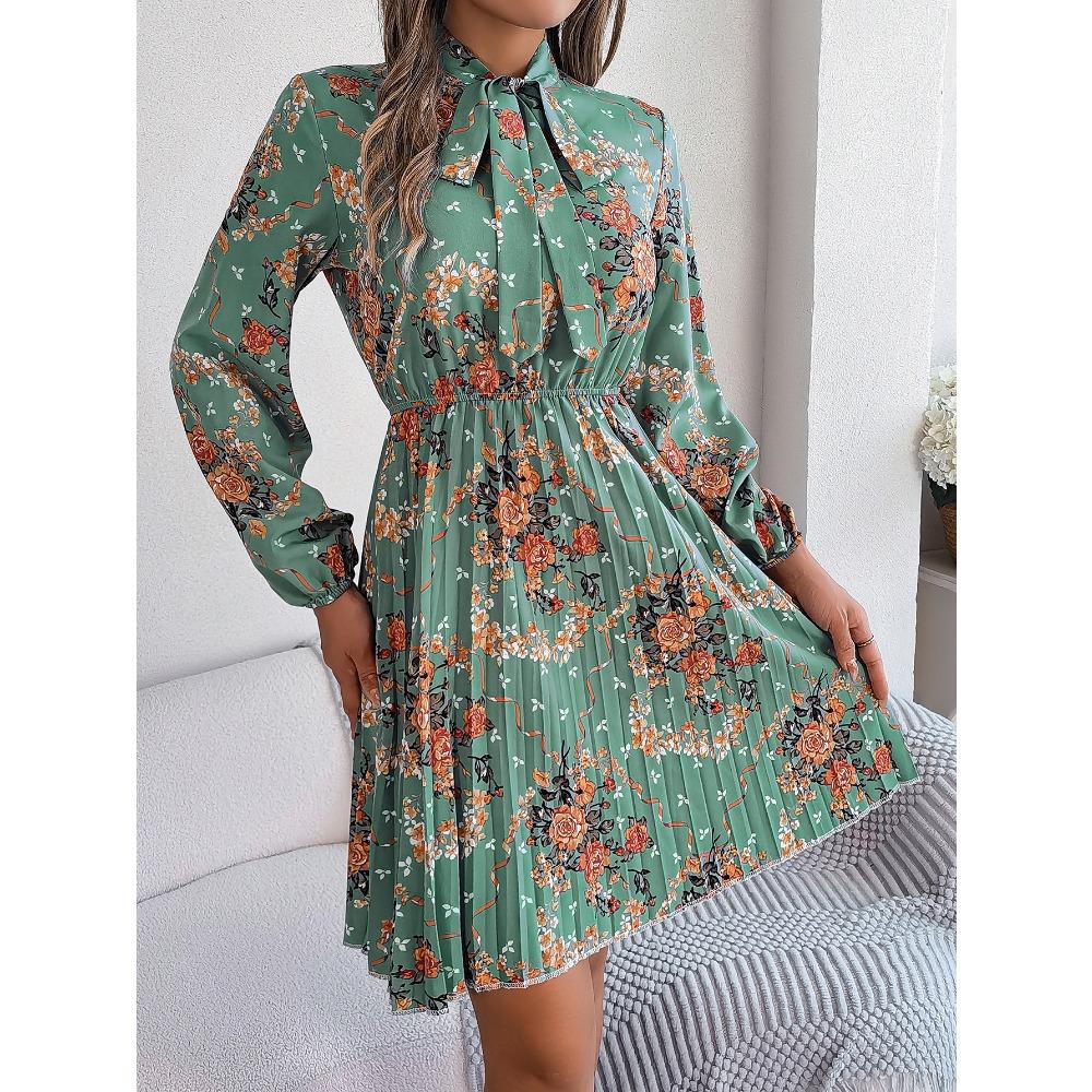 New Elegant Floral Tie Waist Long Sleeve Pleated Skirt Women's Fashion Dresses