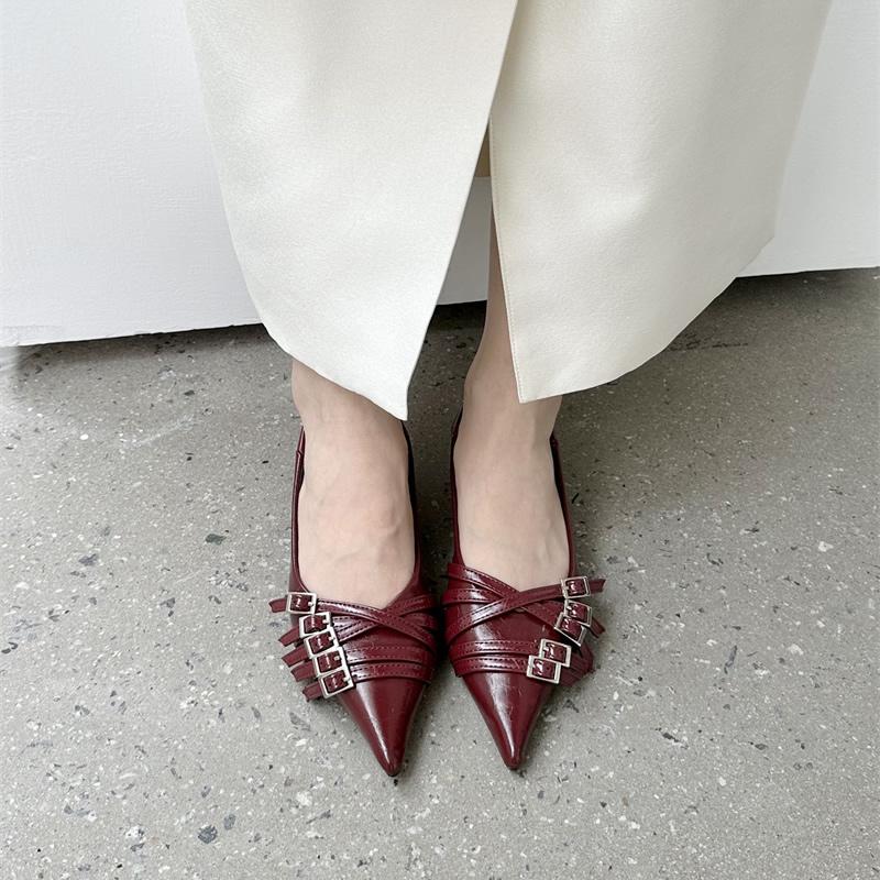 2025 Fashion Pointed Toe Low Heel Pumps Women Shoes Brand Belt Buckle Shallow Slip On Ballet Elegant Pumps For Party Dress Mujer
