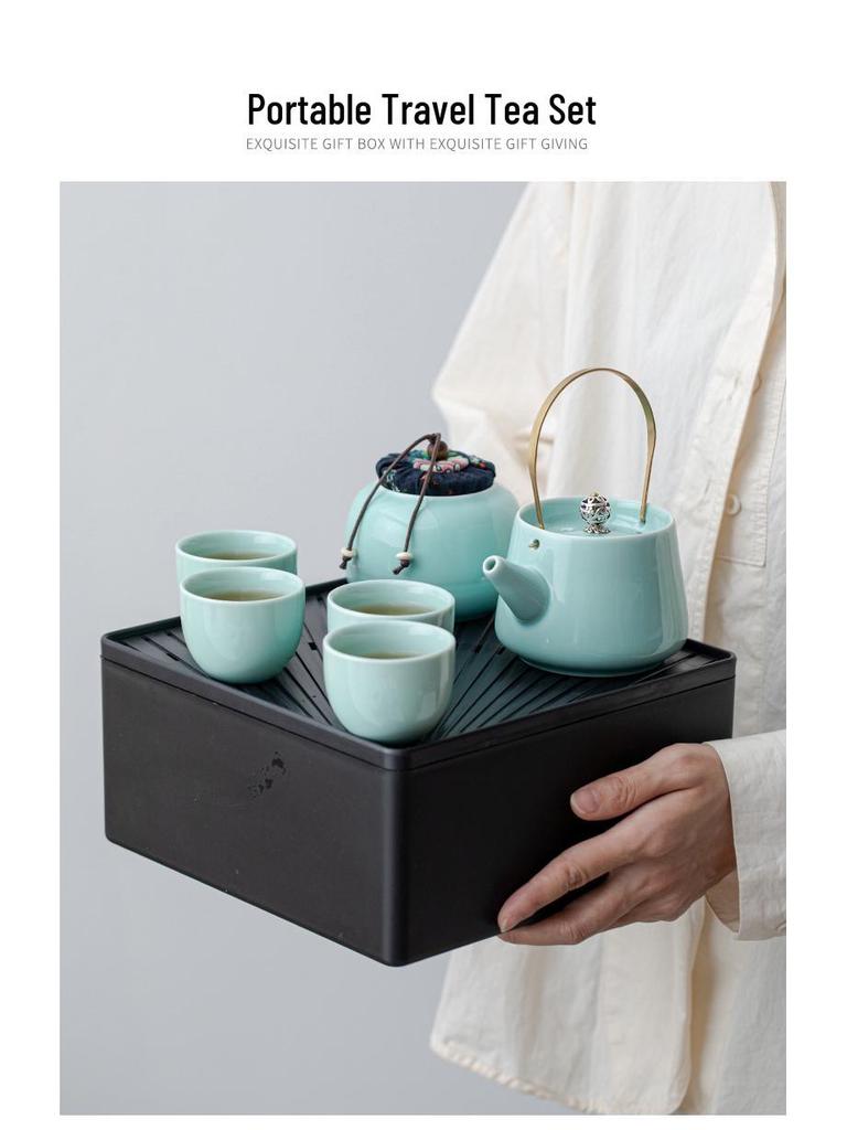 Portable Ceramic Kung Fu Tea Set: Teapot with Handle and Four Cups for Travel and Business Gifting