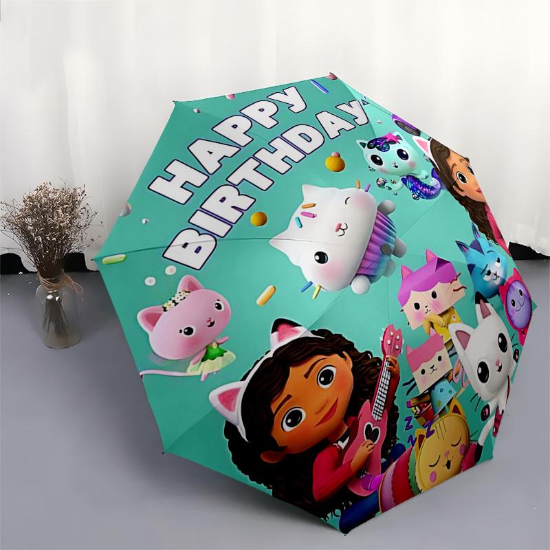 1pc Happy Birthday Cat Friends Automatic Folding Umbrella, Portable 3-Fold Design with 8-Bone Iron Frame, Outdoor for Fans, Travelers, Daily Use, Gift