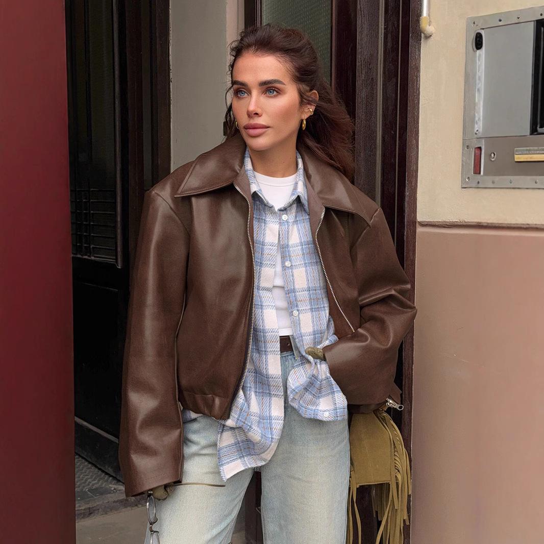 

2024 Европейская и американская кожаная куртка свободного кроя в мотоциклетном стиле – Женская осенне-зимняя мода Medium коричневый