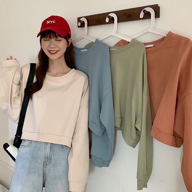 Spring and Autumn Regular Models Loose Thin Section Sweater Women Casual Short Section Round Neck Long-sleeved T-shirt Retro Versatile Sweatshirt