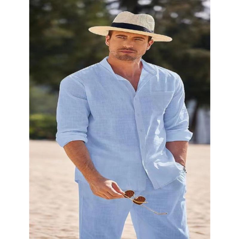 Plus Size Herr Casual Linne Tvådelade Set Europe Style Vintage Basic Toppar och solida byxor Kostym Man Beach Träningsoveraller Set