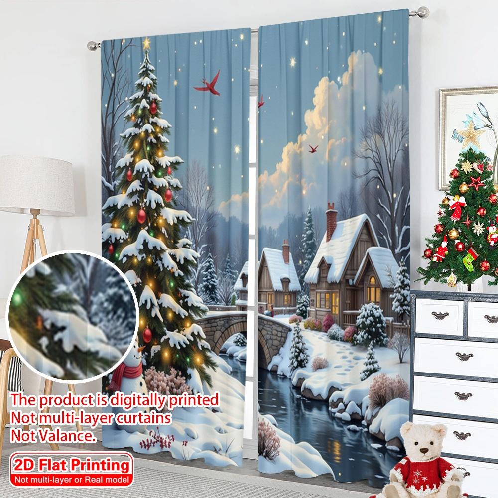 2pcs 2D Flat Printing Christmas Party Curtain Winter Village Snowing Night Snowy Polyester Without Electricity Party Decorations