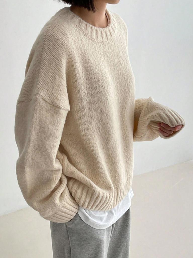Autumn Winter Lazy Style Versatile Crewneck Thick Solid Knit Sweater Women's European Style Pullover Long Sleeve Sweater Top