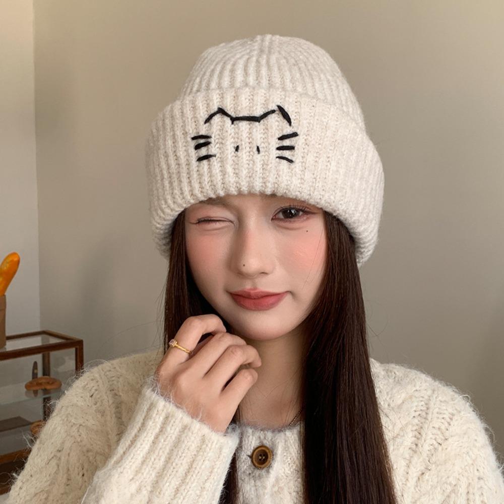 Embroidered Kitten Knit Beanies Warm Printing Knit Cap Cute Cat Knitted Hat  Apparel Accessories