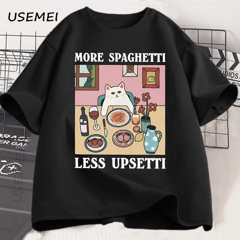 More Spaghetti Less Upsetti Cat TShirt Funny Cat Lover Tee Food Humor Graphic Top for Unisex Unisex Casual Loose Cotton Print Tee