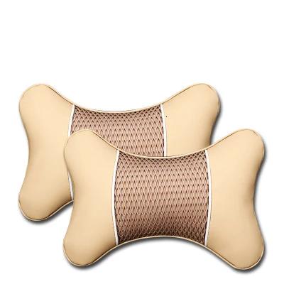 2Pcs Car Seat Neck Pillow Headrest Rest Cushion Support PU Leather Knitted Seat Auto Black Safety Pillow car Accessories бежевый