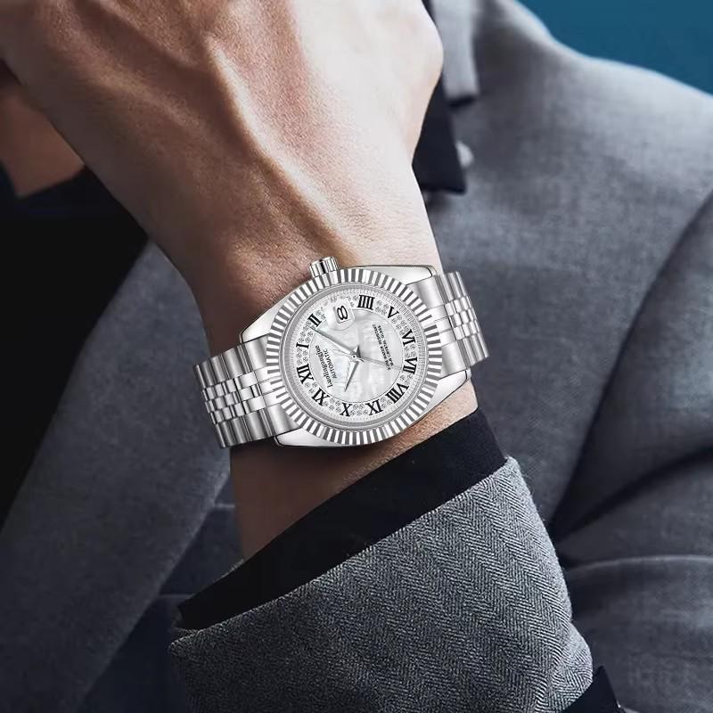 Herren Automatische Mechanische Uhr Weiß Perlmutt Zifferblatt Diamant Römische Ziffern Kalender Datum Edelstahl Armbanduhr