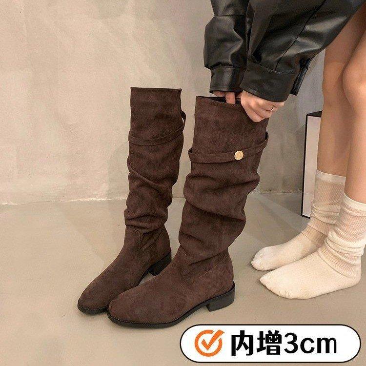 

Coarse Heel Black Straight Locomotive Boots Boots Women s Boots 2025 Autumn and Winter Slimming Inner Height Increasing Versatile Knight Boots Boots 39 кофейный