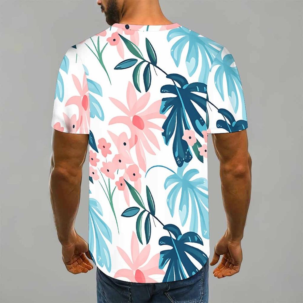 Women Short Sleeve Crew Neck T Shirt White Pink Blue Yellow Tropical Palm Leaf Print Top