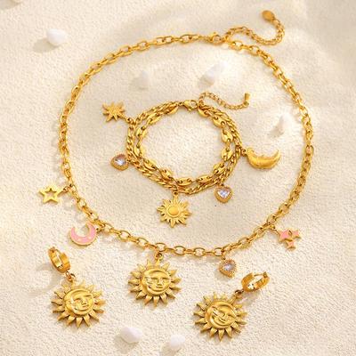 High-End Sun Portrait Titanium Stainless Steel Jewelry Set: Necklace, Bracelet, and Earrings In Light Luxury Design for Women.