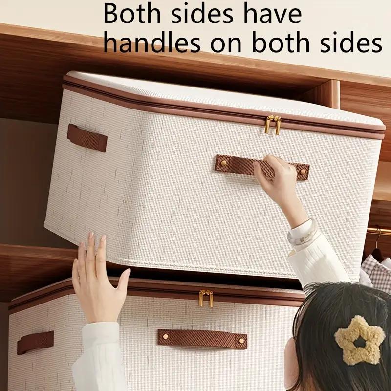56L Large Capacity Linen Storage Box Double Zipper and Leather Handles Foldable Under-Bed Organizer with Lid for Clothes Storage Organizer