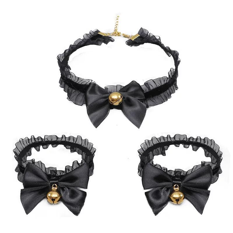 Lace Bell Choker Neck Collar with Wristband, Cute Cat Ear Maid Style Clavicle Chain Fashion Accessories