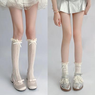 LuolitaJK Socks Bow Japanese Mesh Pile Socks Damskie skarpetki do łydki Koronkowe Ultra cienkie