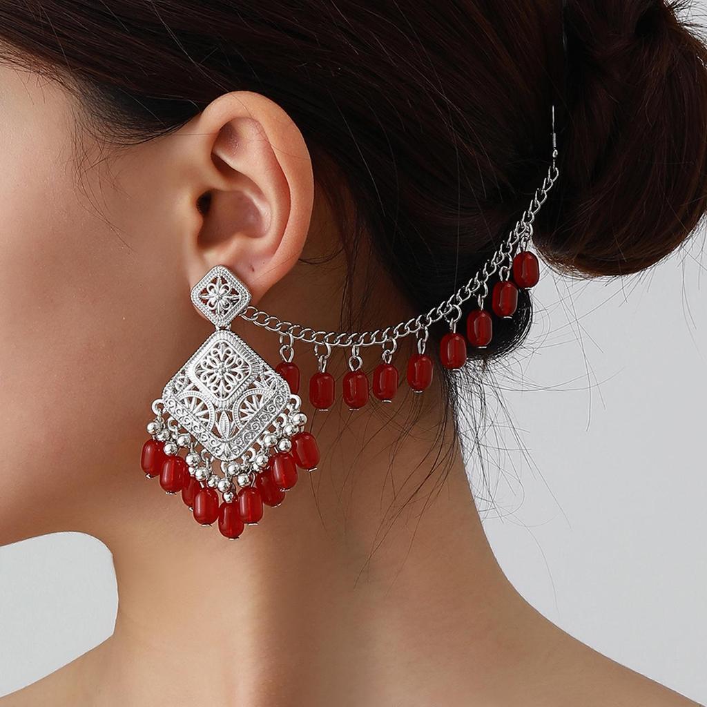Bohemian Exotic Rhinestone Tassel Necklace & Earrings Set In Antiqued Alloy