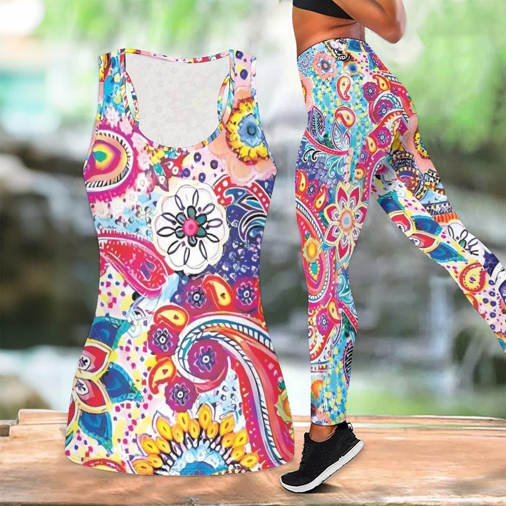 Retro Bedrucktes Yoga-Outfit für Damen Mode Workout Leggings Fitness Sport Freizeit Yoga Set Sportanzug