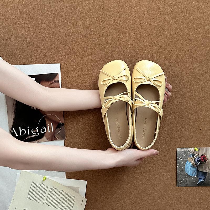 Retro design leather shoes bow flat shoes women's summer fashion shoes ballet